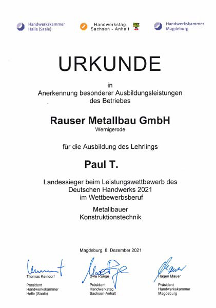 Rauser Metallbau Zertifikat